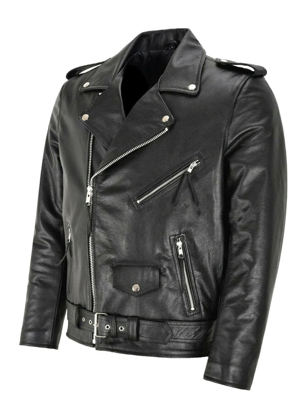 Tailored fit men's leather jacket; a versatile and classic black biker style moto jacket for everyday wear.