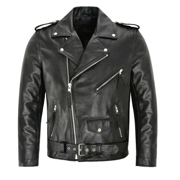 Men's classic black leather biker jacket with an iconic tailored fit, featuring a stylish collar.