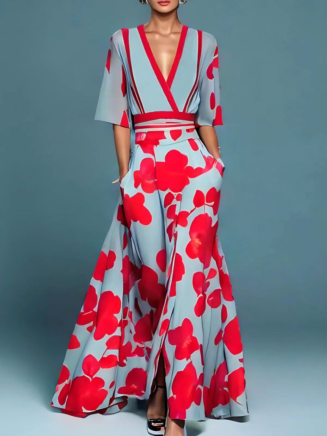 Elegant women's red floral print V-neck midi dress, perfect for spring occasions. Long, romantic style.