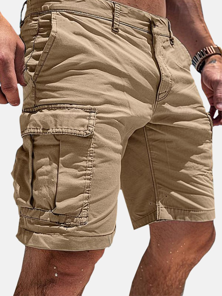 Men's relaxed-fit utility cargo shorts in khaki for everyday comfort & casual summer wear.