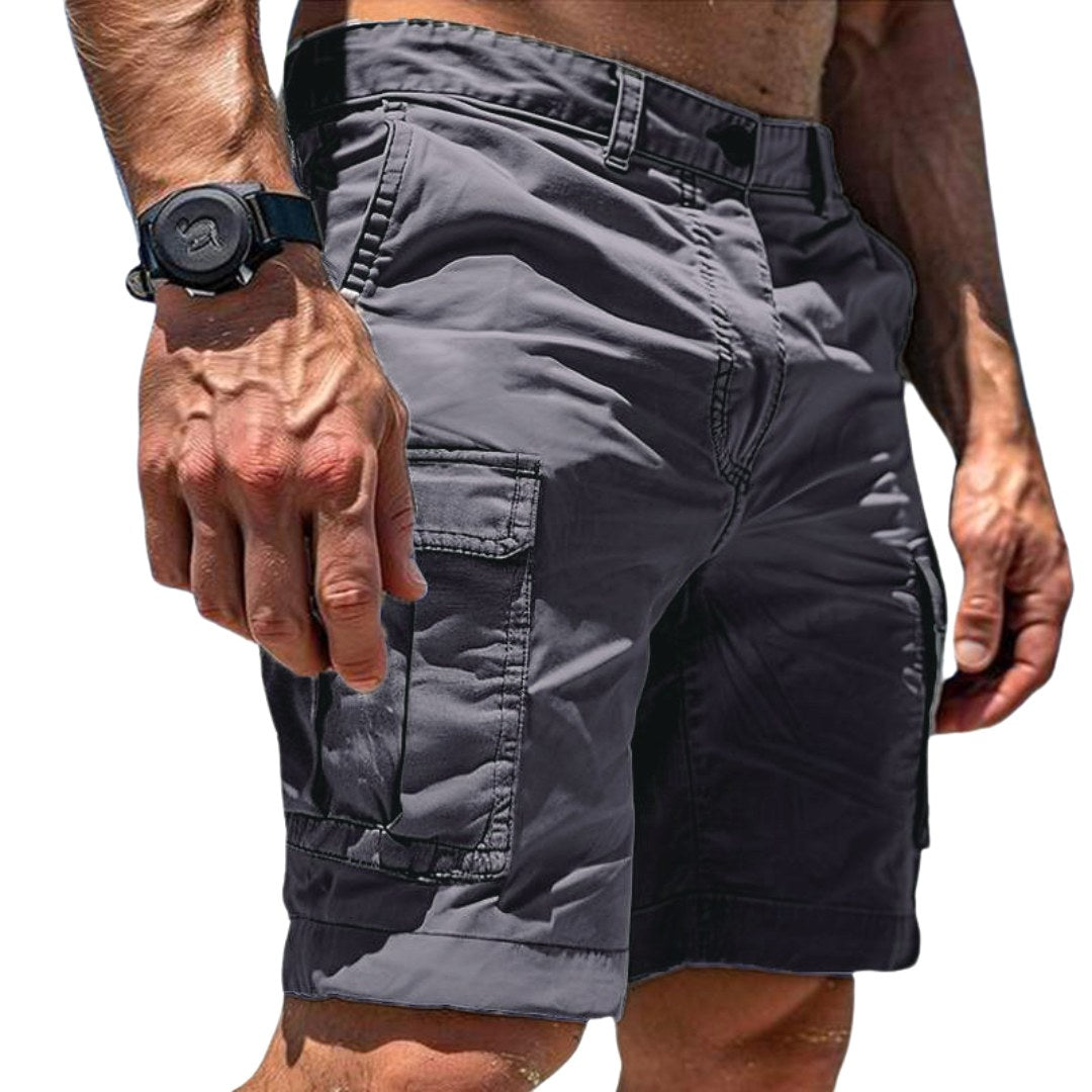 Black men's comfortable relaxed-fit utility cargo shorts, ideal for everyday casual wear.