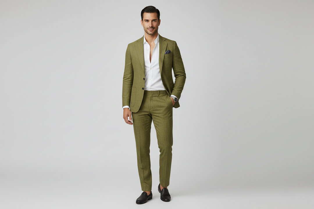 Men's slim-fit casual suit. Tailored two-piece for modern business casual & events. Sleek mens fashion.