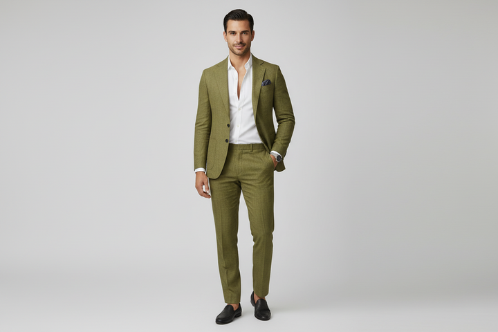 Men's slim-fit casual suit. Tailored two-piece for modern business casual & events. Sleek mens fashion.