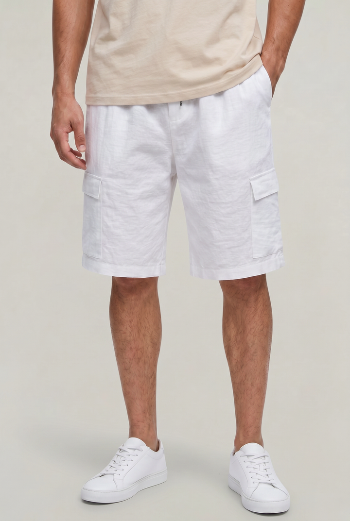 Men's polished cargo shorts with drawstring waist for summer. Relaxed fit, knee-length, perfect for casual wear.