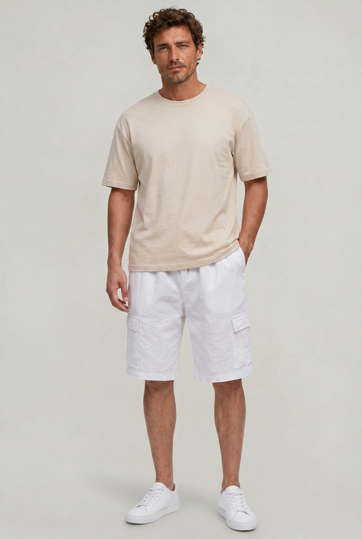 Casual men's cargo shorts, knee-length, with drawstring waist. Essential summer fashion for warm weather comfort.
