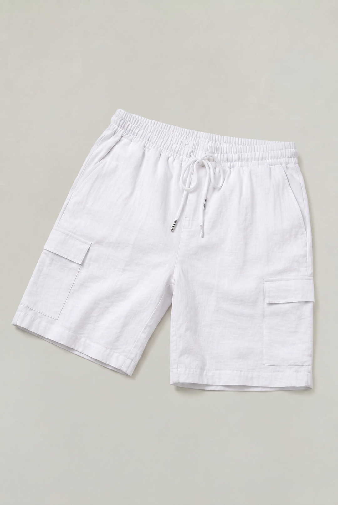 Relaxed fit men's polished cargo shorts. Drawstring waist for comfort, knee-length for summer casual wear.