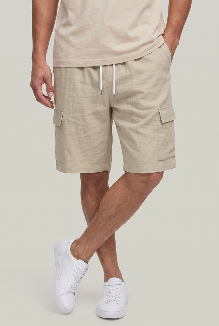 Modern men's polished cargo shorts with an adjustable drawstring waist. Versatile summer casual fashion.