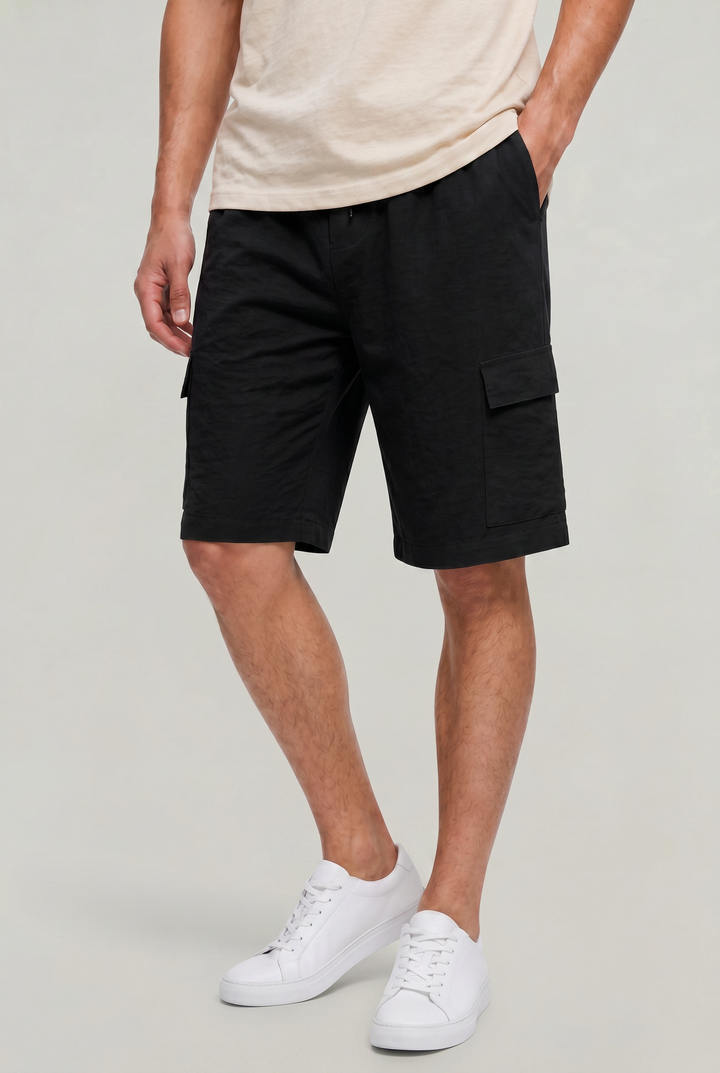 Men's summer cargo shorts, polished finish, drawstring waist. Comfortable & casual for warm weather.