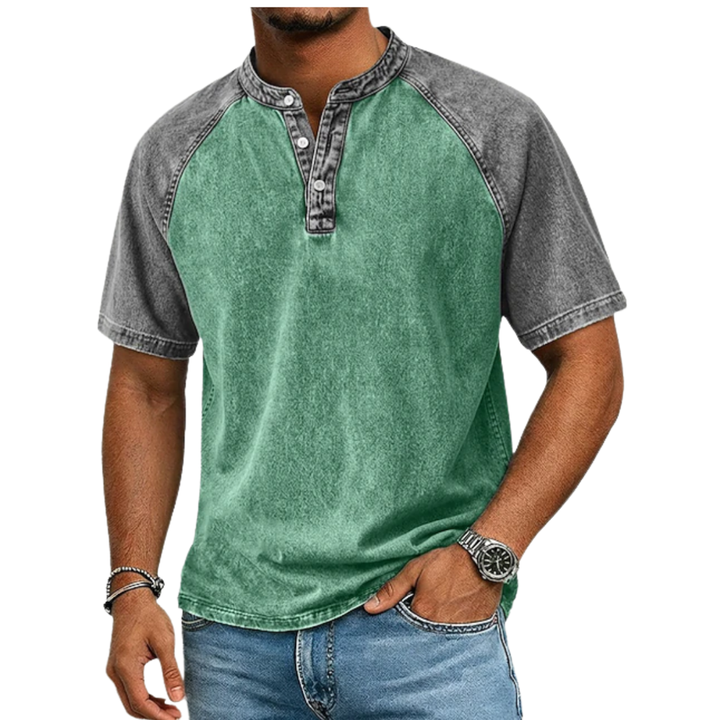 Men's two-tone Henley t-shirt with raglan sleeves & button placket, ideal for smart casual style.
