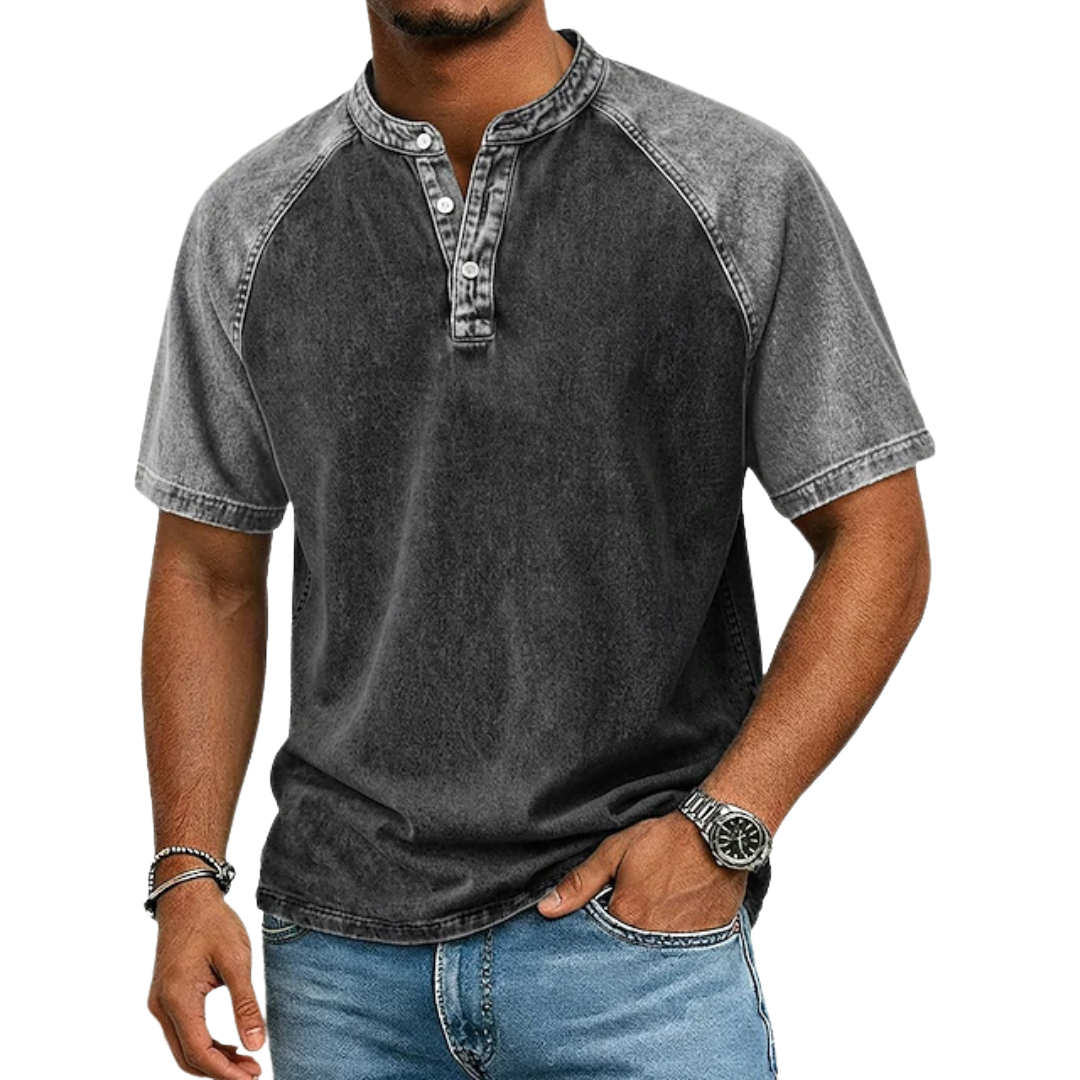 Stylish men's two-tone Henley t-shirt featuring raglan sleeves & button placket for a modern casual look.