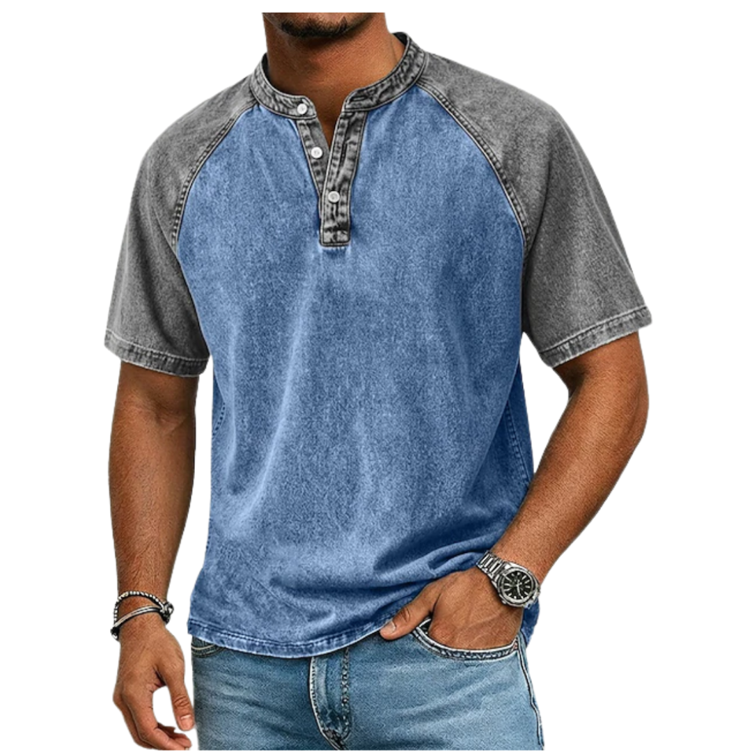 Relaxed fit men's two-tone Henley t-shirt, comfortable & stylish for everyday casual & summer fashion.