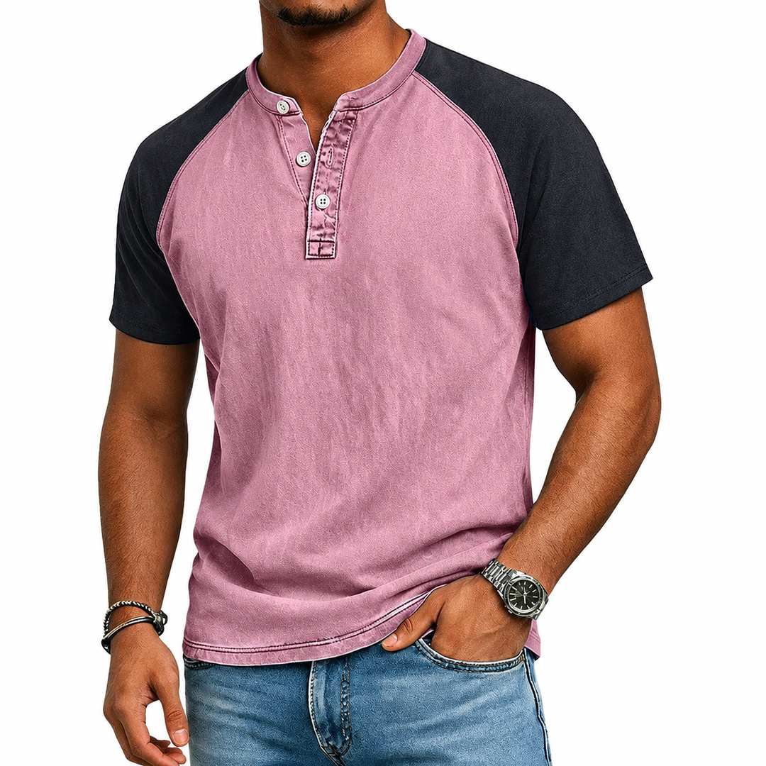 Men's casual two-tone Henley t-shirt in a comfortable relaxed fit, a staple for versatile summer outfits.