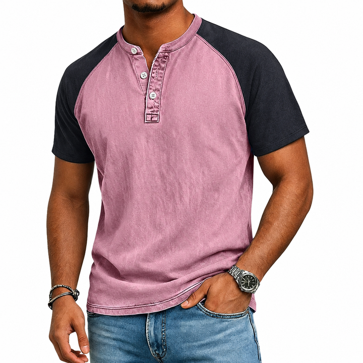 Men's casual two-tone Henley t-shirt in a comfortable relaxed fit, a staple for versatile summer outfits.