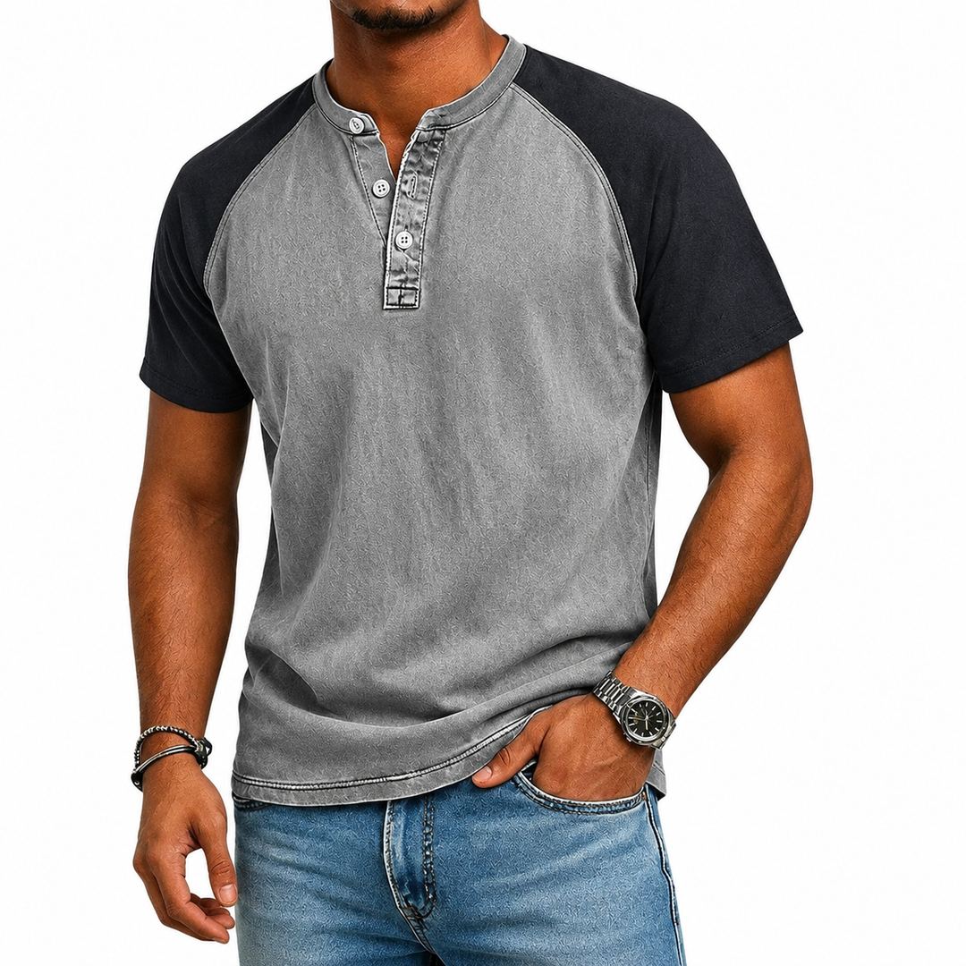 Back view of a men's two-tone Henley t-shirt, showcasing the relaxed fit and casual style.