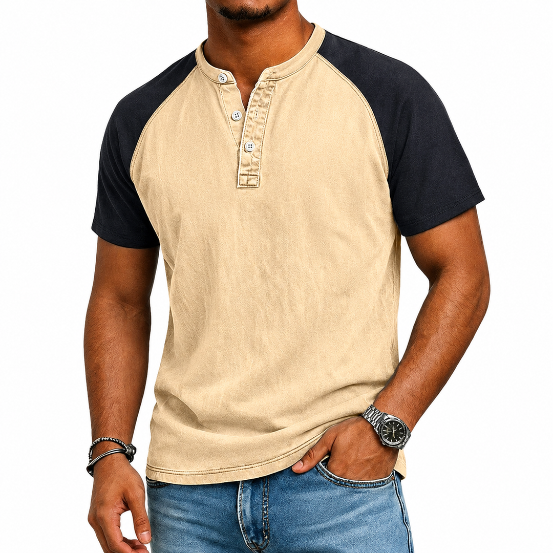 Modern men's two-tone Henley t-shirt, perfect for smart casual styling. Features comfortable raglan sleeves.