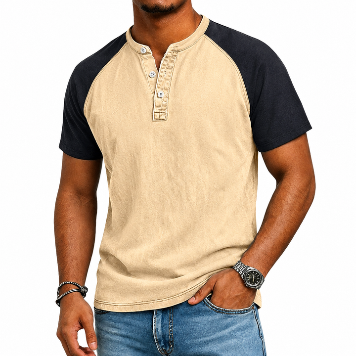 Modern men's two-tone Henley t-shirt, perfect for smart casual styling. Features comfortable raglan sleeves.