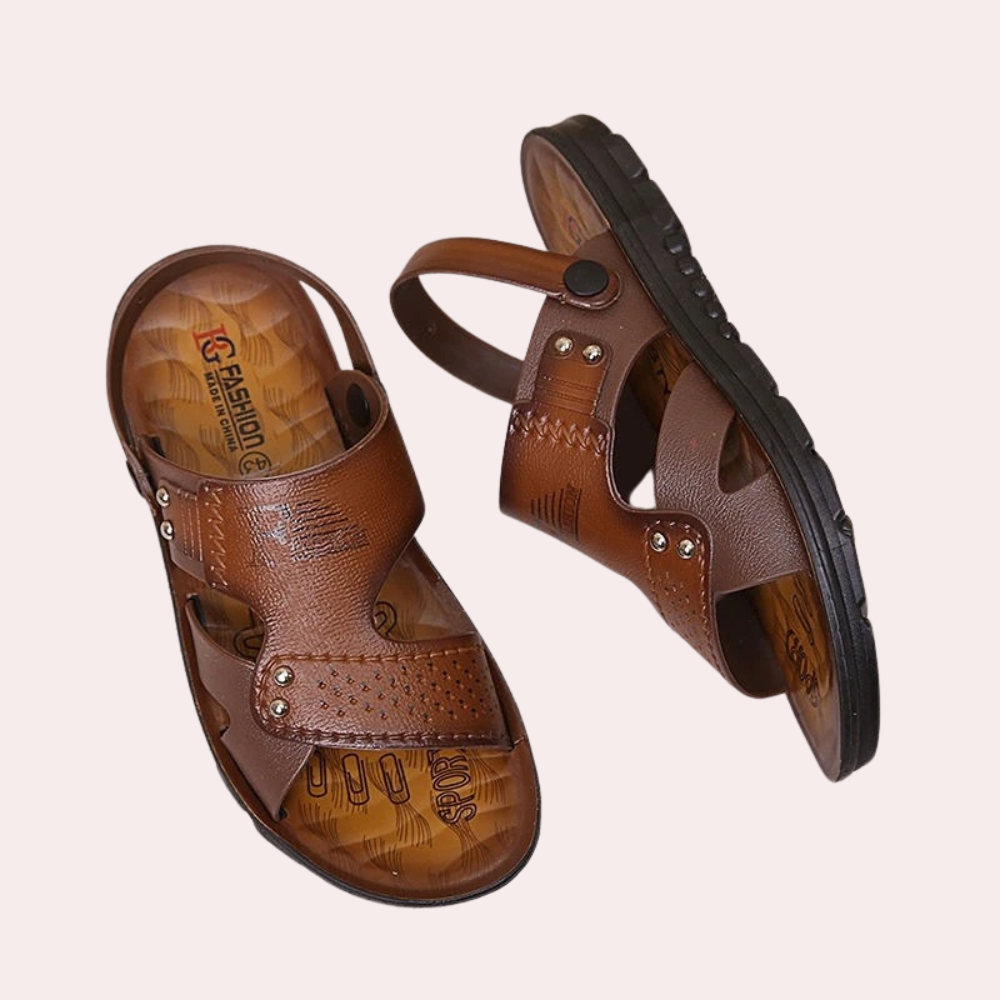 Men's timeless dark brown slides, featuring a stylish riveted buckle. Perfect open-toe casual footwear.