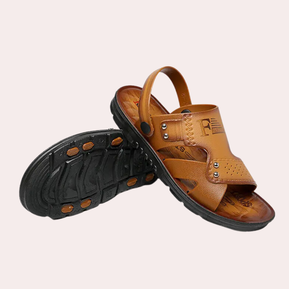 Classic dark brown men's slides with an adjustable riveted buckle strap for stylish and comfortable summer fashion.