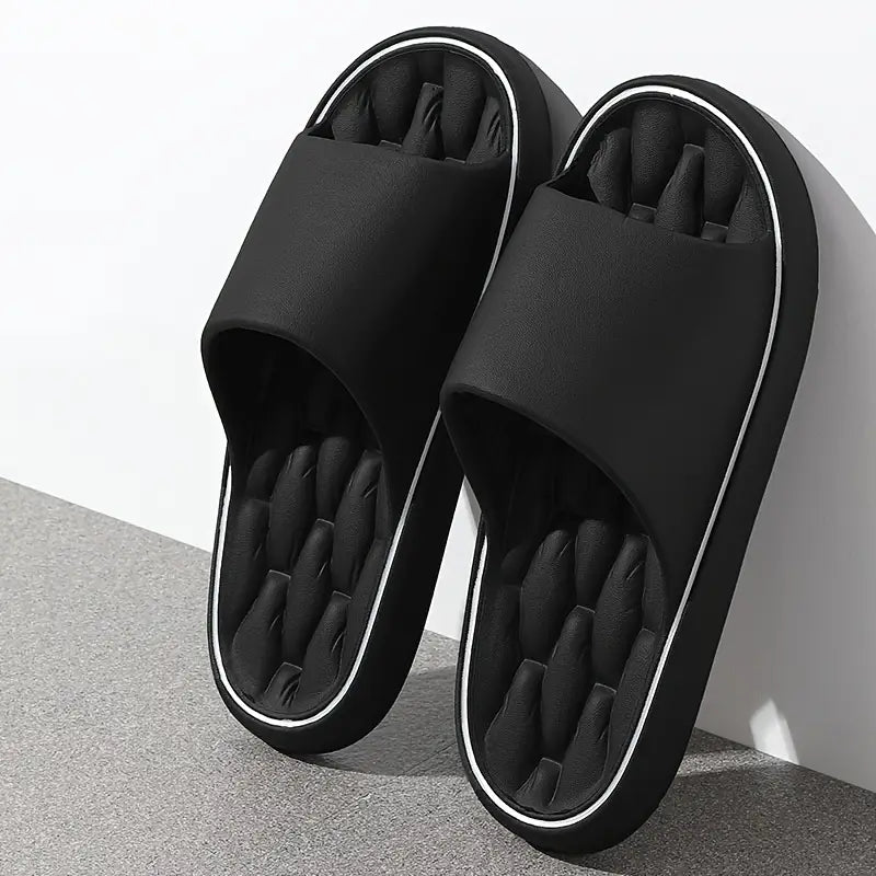 Men's graceful cushioned slides with soothing massage footbed. Ideal for casual, beach, or pool wear. Comfortable sandals.