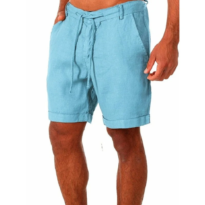 Relaxed fit men's chino style shorts with drawstring. Comfortable summer wear for warm days & casual outings.