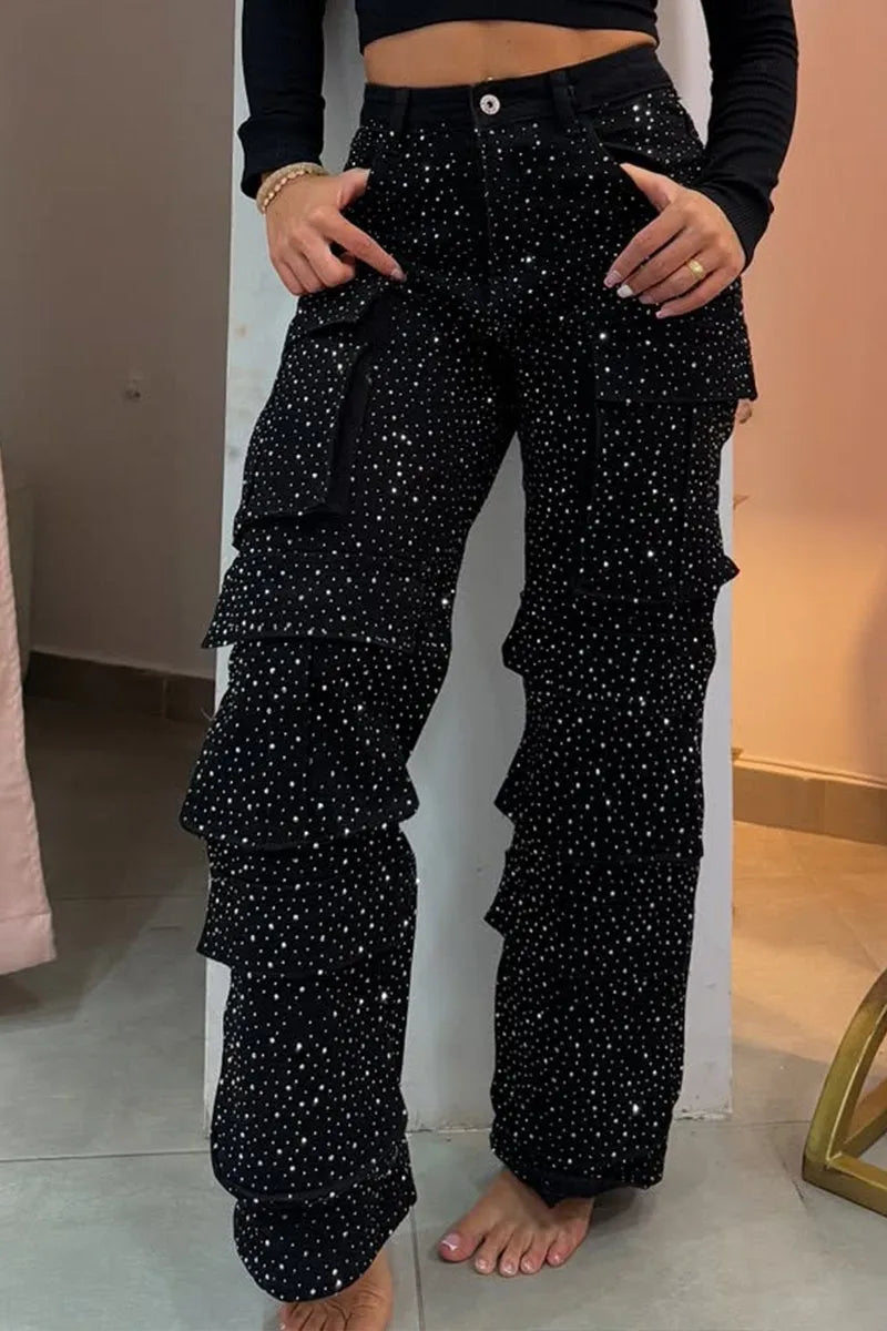 Women's sparkling rhinestone cargo jeans, blending edgy glam with trendy comfort.