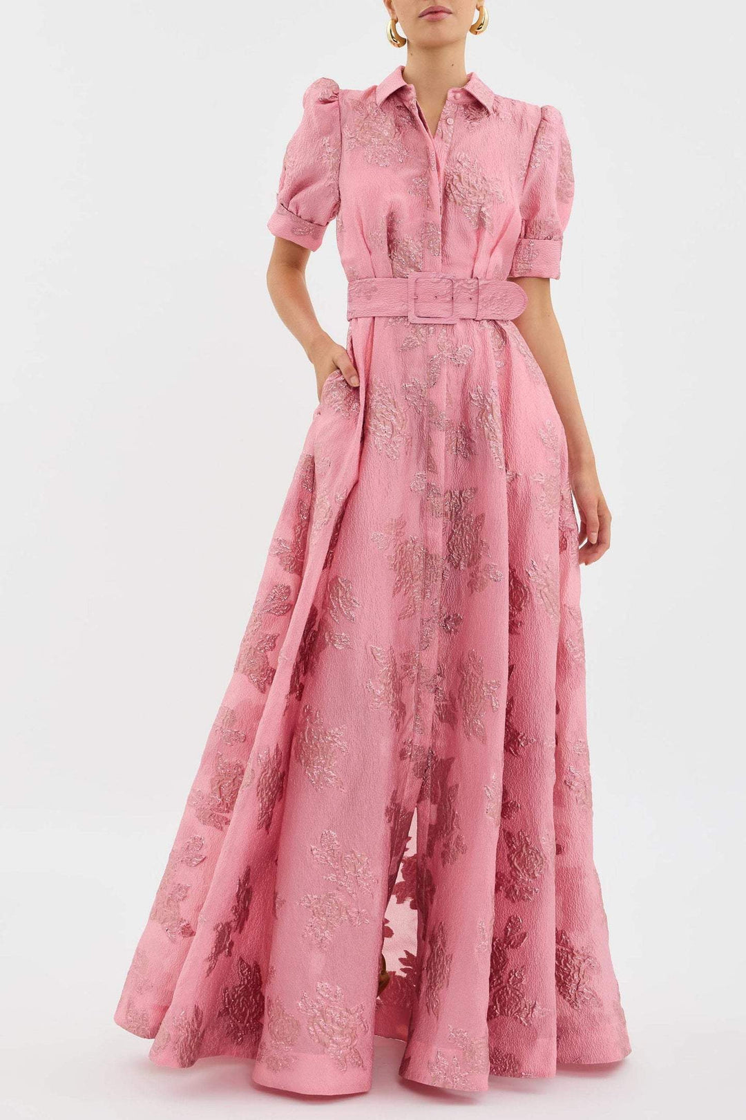 Women's Retro Pink Lapel High Waist Dress