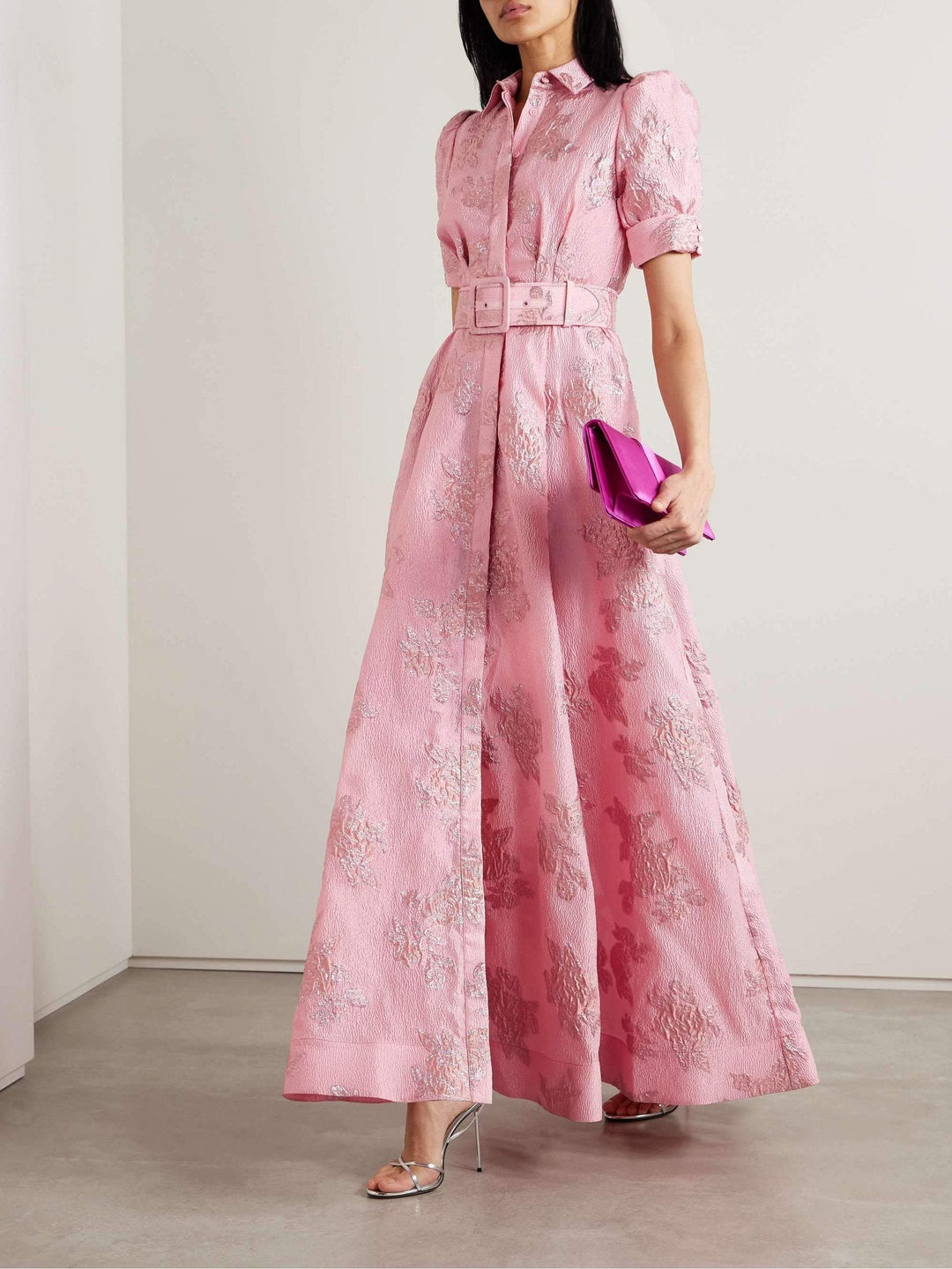 Women's Retro Pink Lapel High Waist Dress
