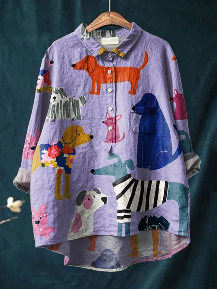 Men's animal print long sleeve shirt with a playful, artistic dog and cat design. Great for men.