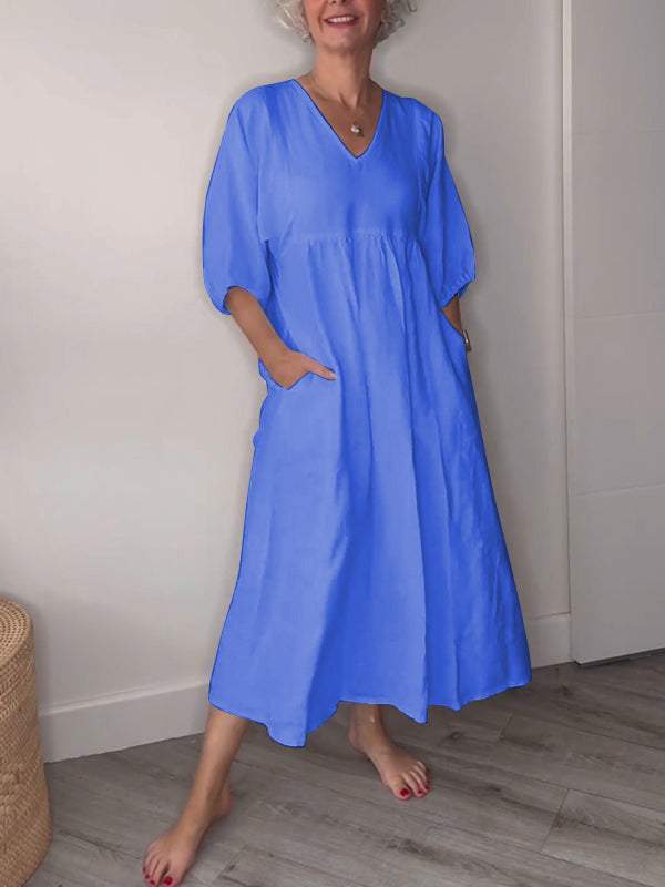 Lucy Casual V-Neck Midi Dress with Pockets