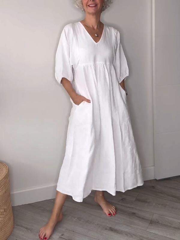 Lucy Casual V-Neck Midi Dress with Pockets