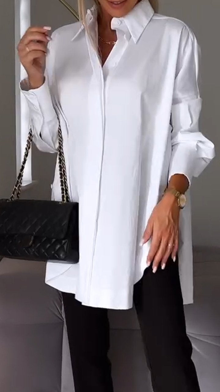 Chic women's sophisticated long-sleeve lapel shirt, an elegant fashion top for professionals.