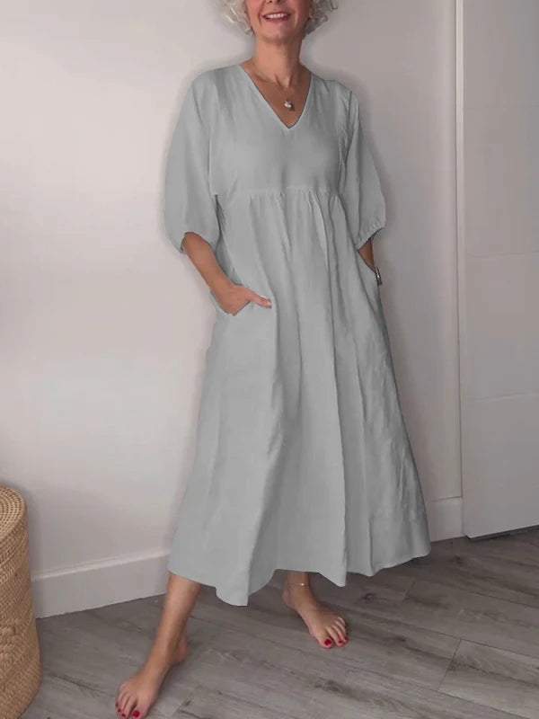 Lucy Casual V-Neck Midi Dress with Pockets