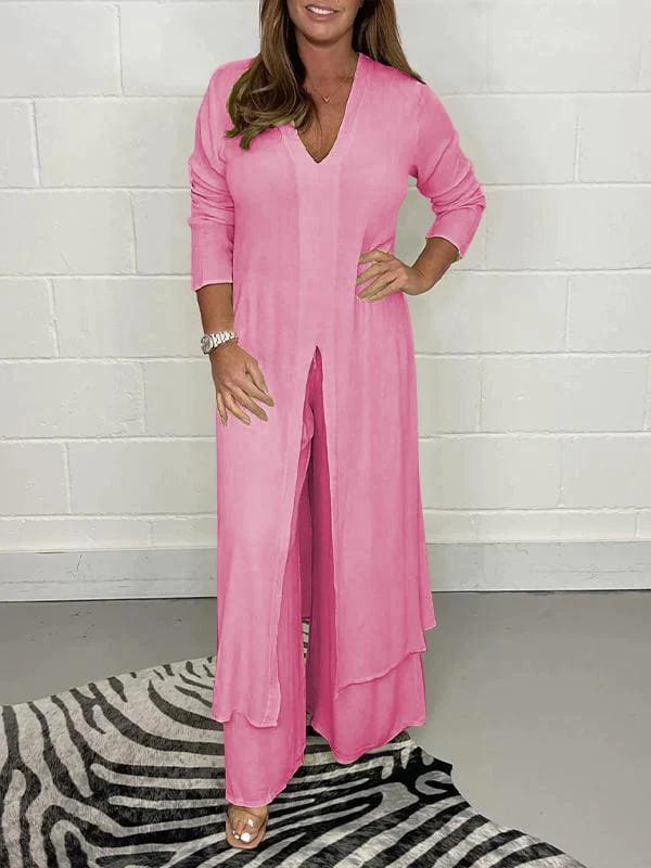 Women's comfortable two-piece casual pants set with a relaxed fit blouse & stylish wide-leg trousers.
