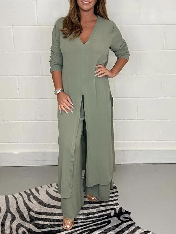 Women's chic two-piece casual suit set with wide-leg pants & matching top for a stylish, comfortable look.