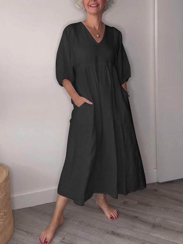 Lucy Casual V-Neck Midi Dress with Pockets