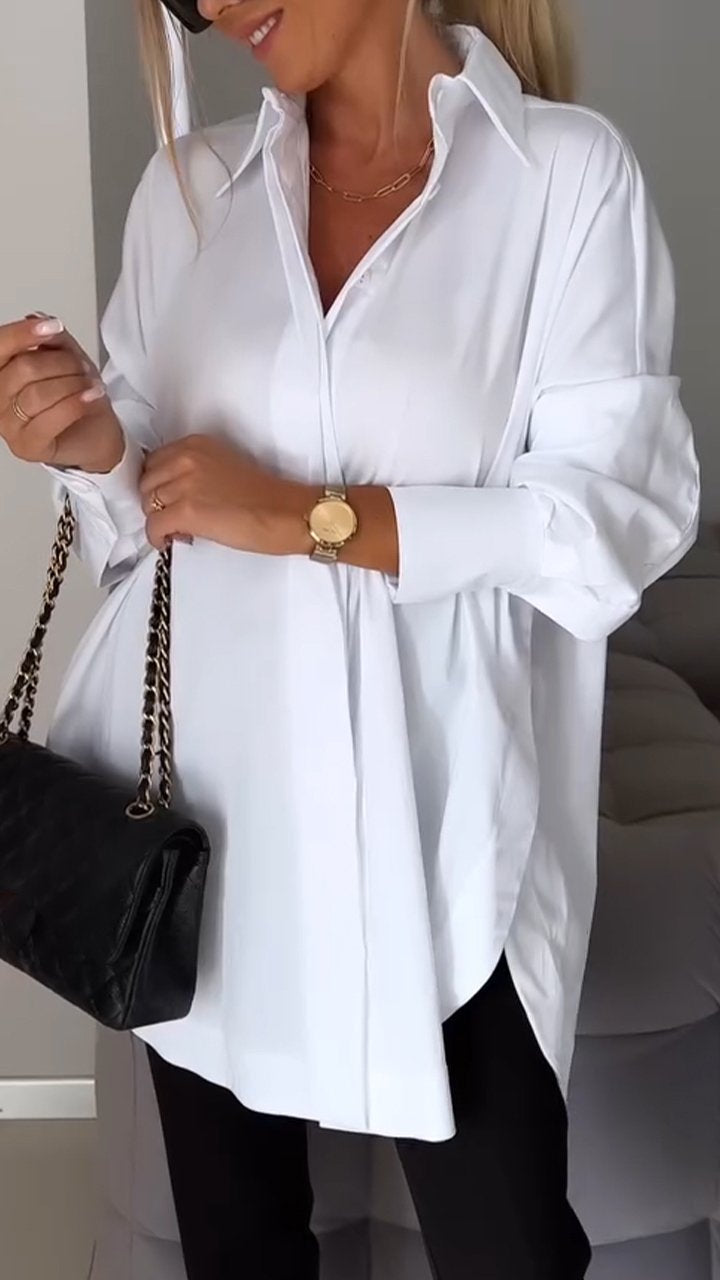 Modern women's lapel blouse, long-sleeve top perfect for formal or casual sophisticated style.