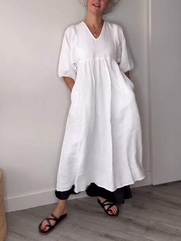 Lucy Casual V-Neck Midi Dress with Pockets