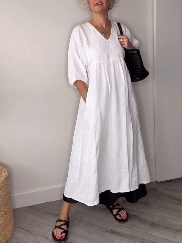 Lucy Casual V-Neck Midi Dress with Pockets