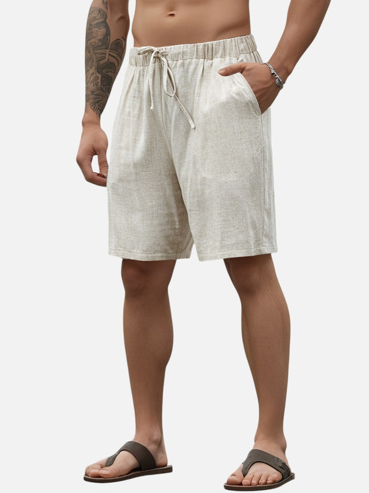Men's cream linen drawstring shorts, relaxed fit, perfect for casual summer style & comfort.