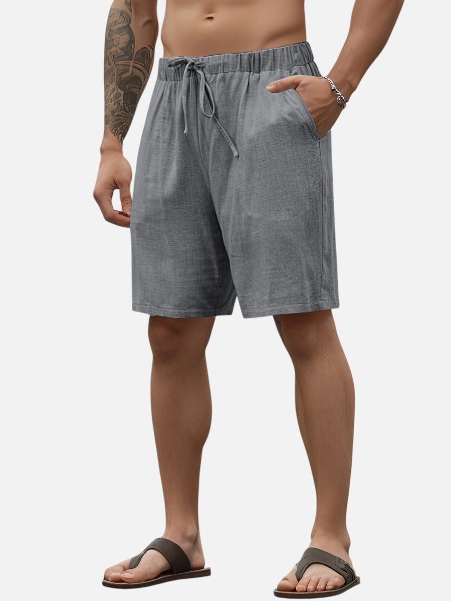 Men's army green drawstring linen shorts, above knee cut, offering all-day comfort for warm weather.