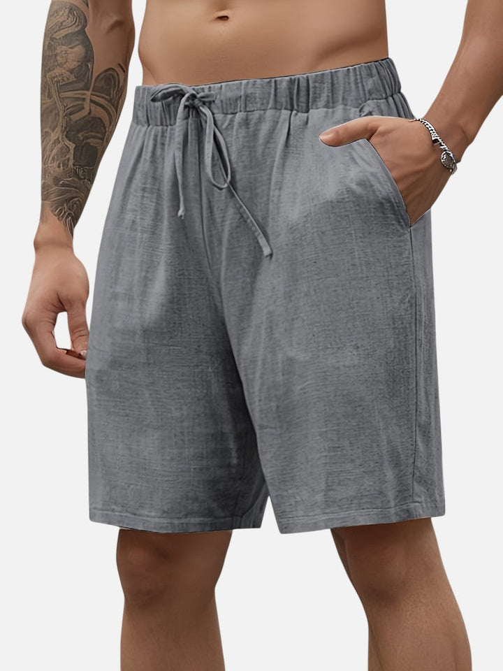 Black men's casual linen shorts, drawstring waist, relaxed fit, an everyday essential for summer.