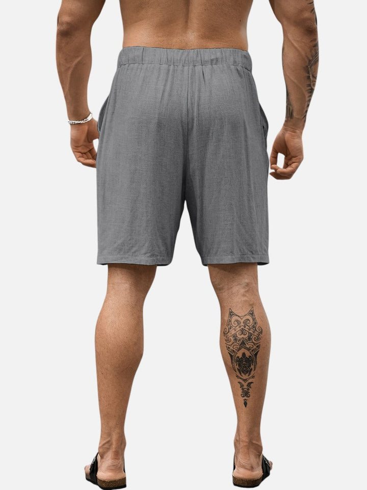 Gray above knee men's linen shorts, drawstring, comfortable pockets, versatile for summer casual wear.