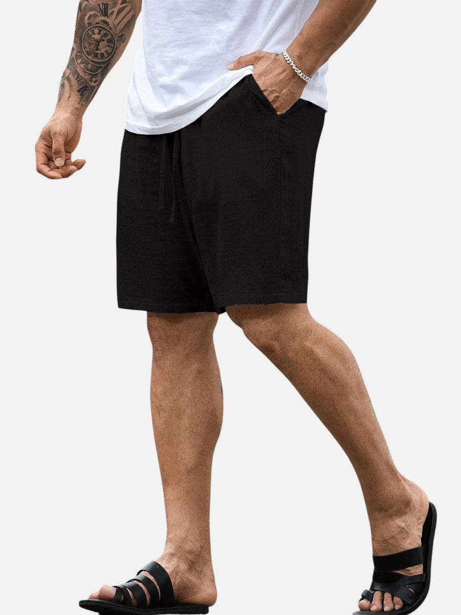 Cream linen casual shorts, men's relaxed fit, drawstring closure for effortless summer fashion.