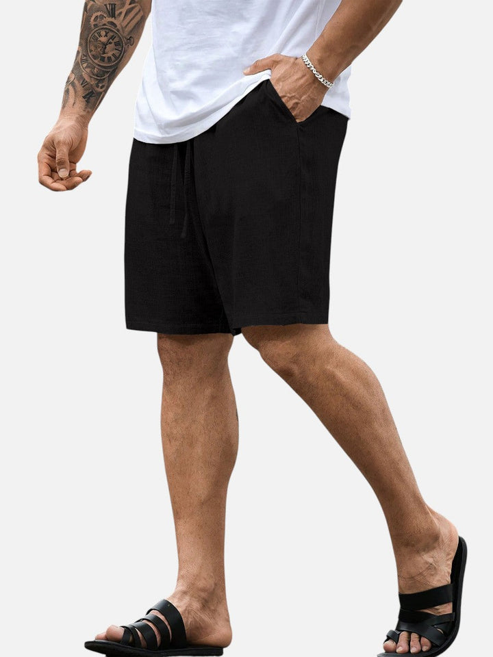 Cream linen casual shorts, men's relaxed fit, drawstring closure for effortless summer fashion.
