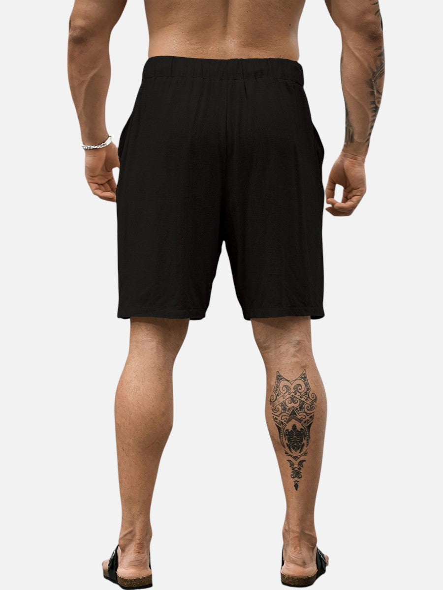 Men's army green linen drawstring shorts, comfortable & breathable for warm weather, above knee.