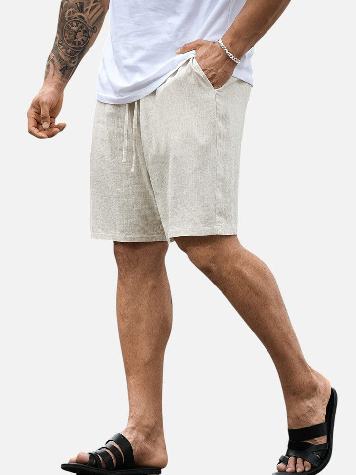 Army green men's casual linen shorts with drawstring, above knee, ideal for warm weather wear.