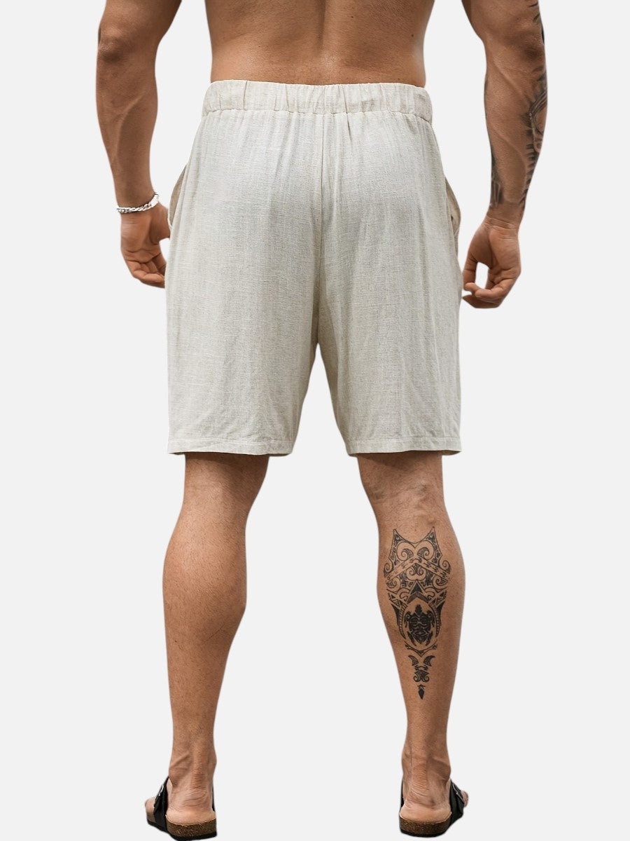 Black relaxed fit men's linen shorts, drawstring waist, versatile for everyday casual and summer.