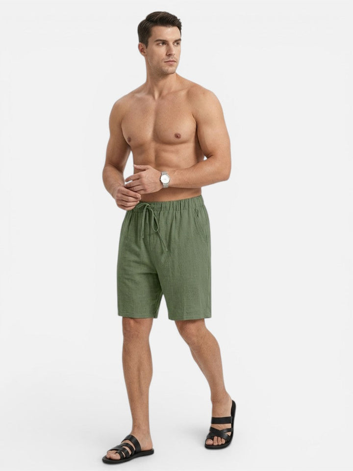 Gray men's linen drawstring shorts, above knee length, comfy pocket shorts for summer leisure.