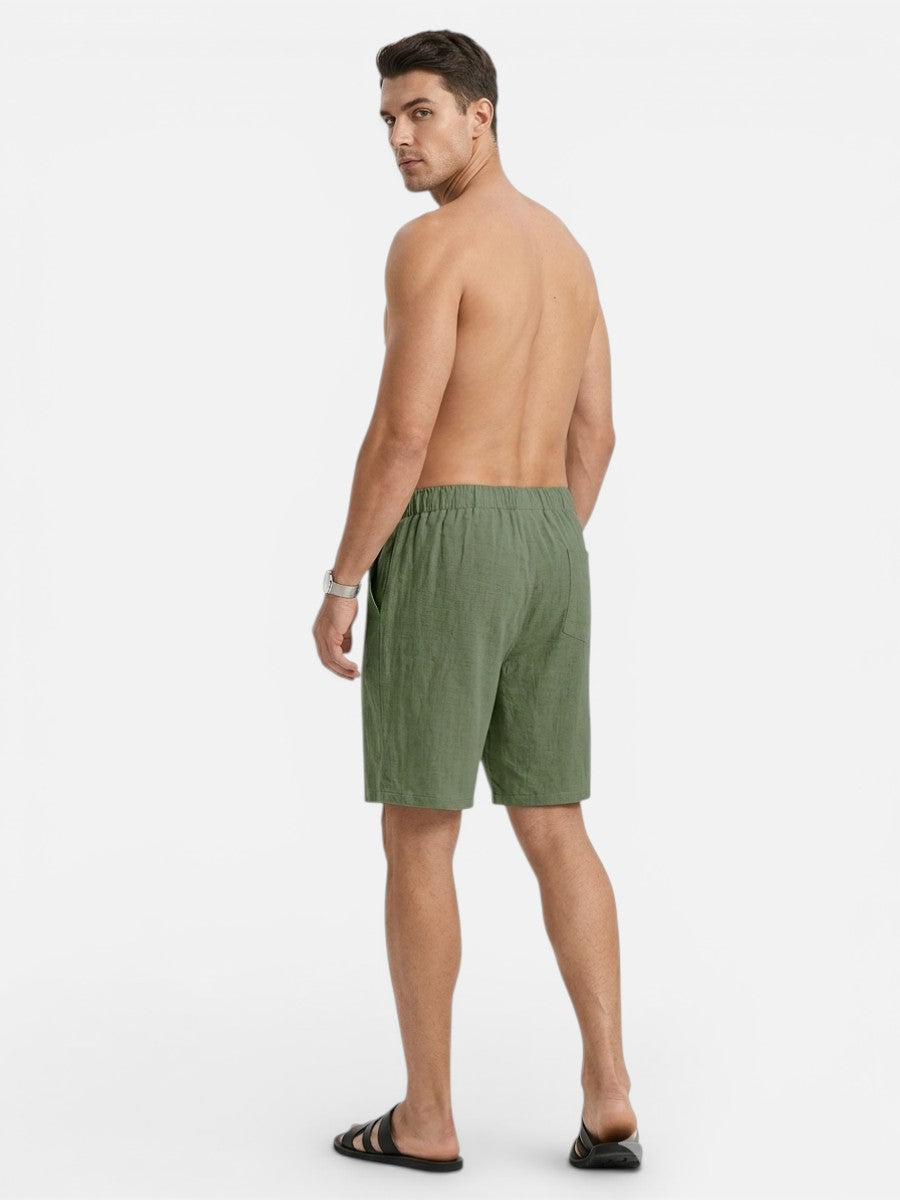 Cream men's casual shorts, linen fabric, drawstring closure, relaxed fit for ultimate summer comfort.