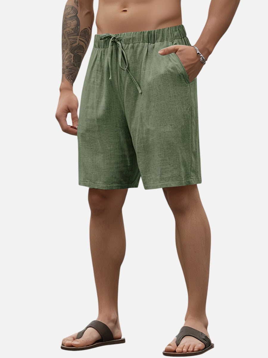 Men's army green linen shorts, comfortable drawstring waist, above knee for warm weather style.